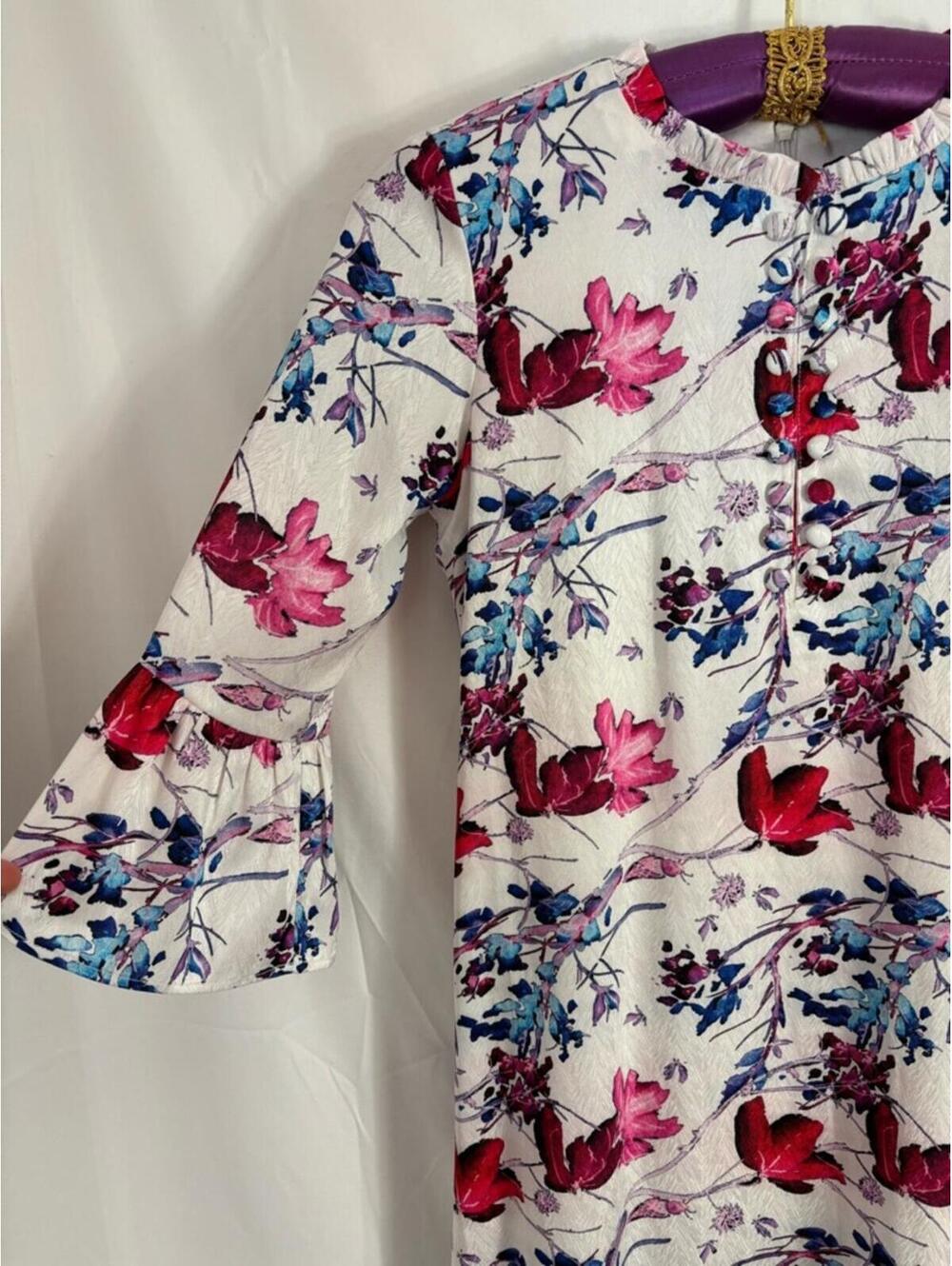 Bunk Silk White Floral Collared 3/4 Belle Sleeve Romantic Chic Mini Dress Size S